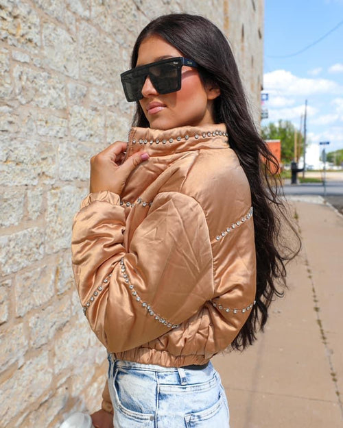 Callen Champagne Rhinestone Bomber Jacket - The Lace Cactus