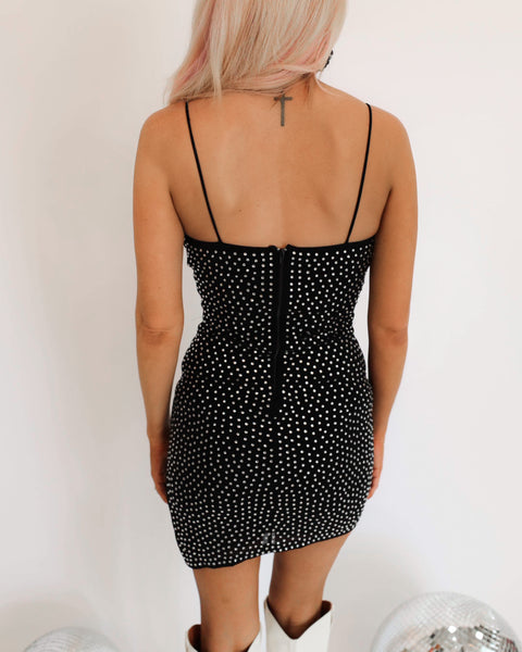 Liana Black Rhinestone Mini Dress - The Lace Cactus