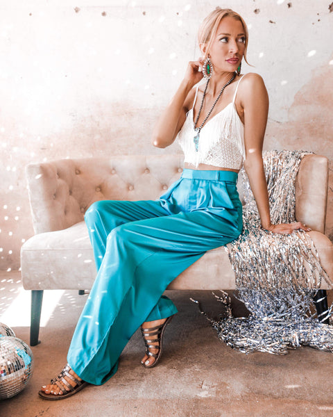 Teigan Turquoise Pleated Pants - The Lace Cactus