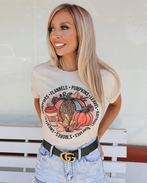 Cream "Flannels, Pumpkins, Hayrides, Thanksgiving" Graphic Tee - The Lace Cactus