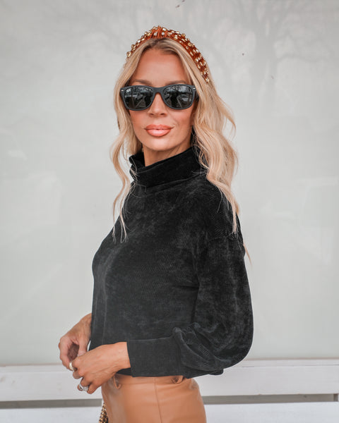 Boss Babe Black Chenille Turtleneck Long Sleeve Crop Top - The Lace Cactus