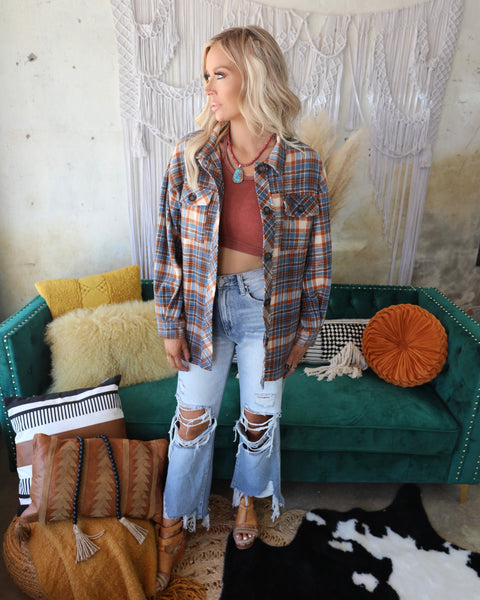 Devin Denim Blue and Rust Plaid Flannel Shacket - The Lace Cactus