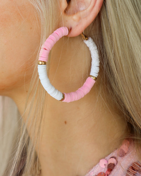 Lorna Pink and White Beaded Hoop Earrings - The Lace Cactus
