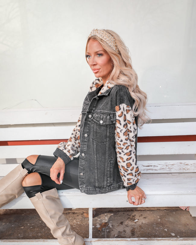 Stevie Charcoal and Leopard Denim Jacket - The Lace Cactus
