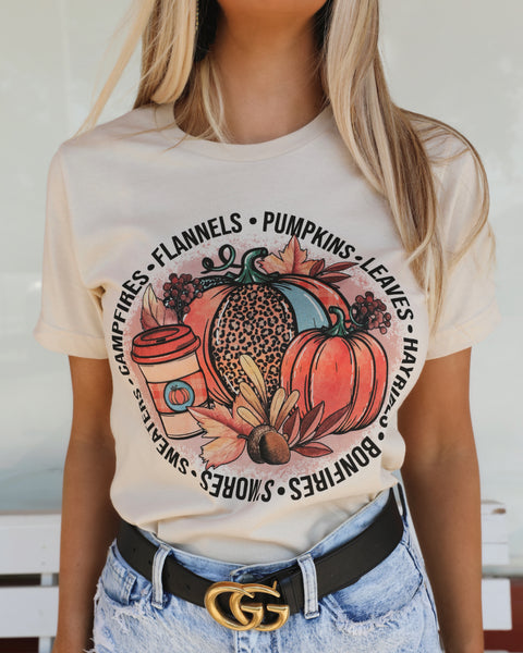 Cream "Flannels, Pumpkins, Hayrides, Thanksgiving" Graphic Tee - The Lace Cactus