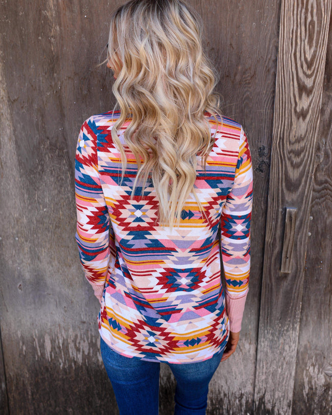 Peach and Mauve Aztec Long Sleeve Top - The Lace Cactus